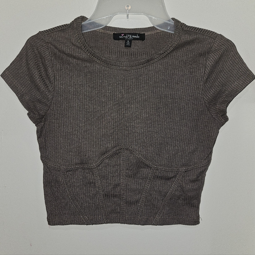Ribbed Corset Crop Top in Brown